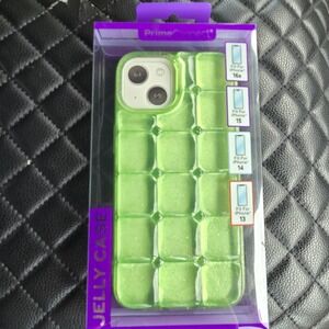 PrimeConnect Lime Green Glitter Jelly Case for iPhone 16e 15 14 13 Quilted